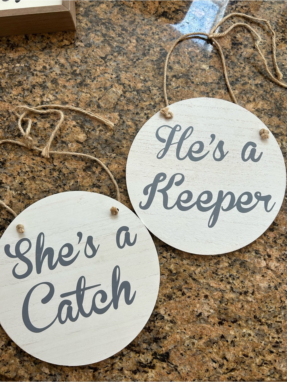 He's a Keeper / She's a Catch Round Wooden Signs - White with Gray Script